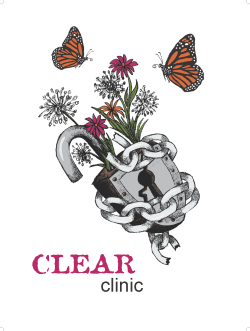 Illustration of CLEAR Clinic logo, an open padlock wrapped in broken chain with flowers growing out of it and butterflies flying around.