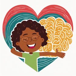 Illustration of a girl happily embracing a brain inside of a heart-shaped background. 