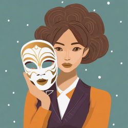 Illustration of a woman looking sad taking off an ornate mask.