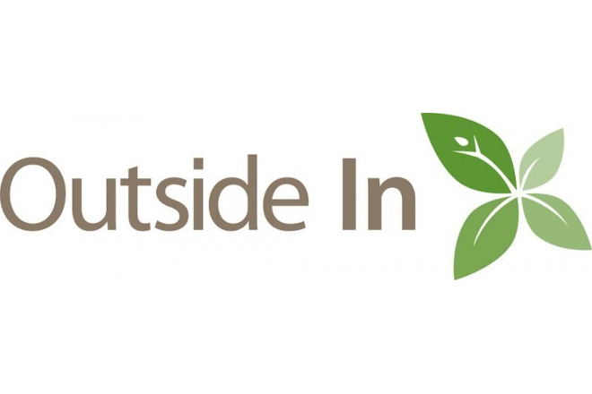 Outside In logo. Words with a drawing of leaves on the right.