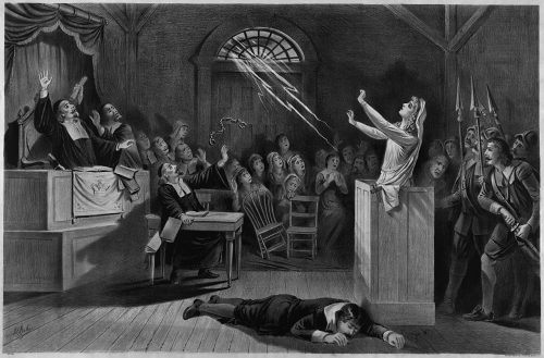 A black and white illustration of lightning shooting through a window at a woman on trial in a room full of people looking shocked. 