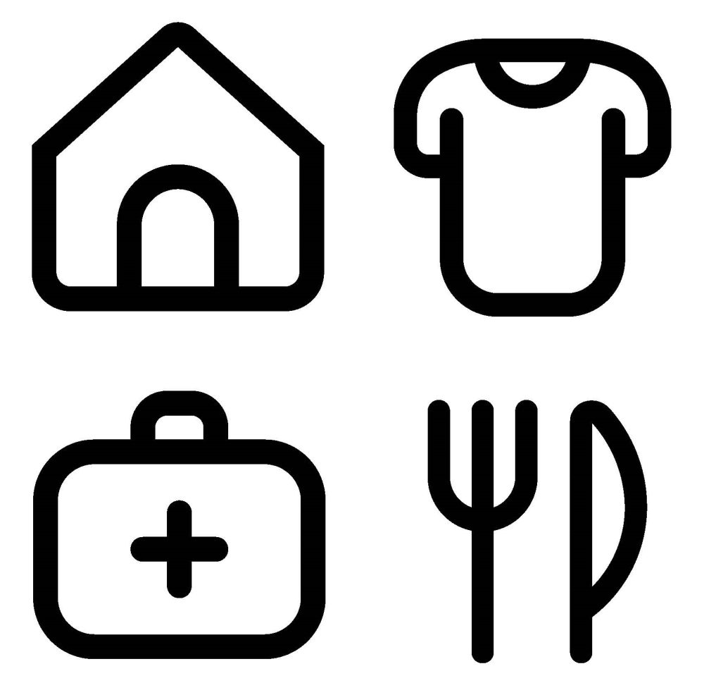 Icons of a house, a shirt, a first aid kit and a fork and knife.
