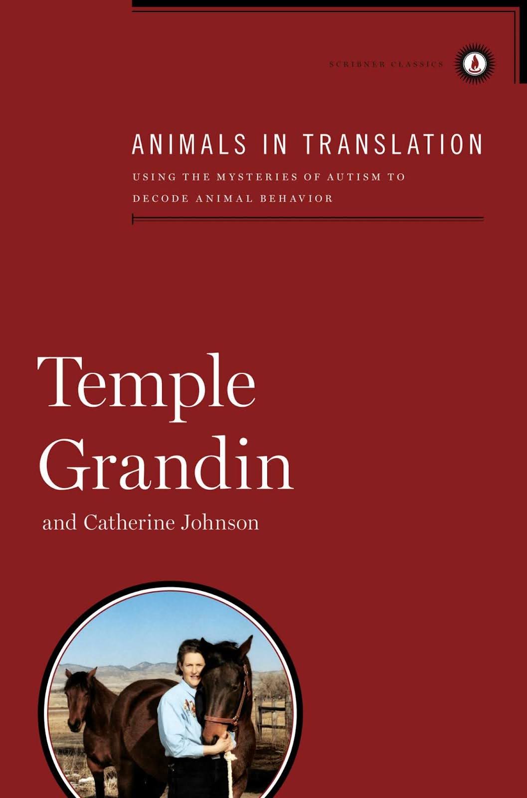 Book cover of Animals in Translation featuring a photo of the author, Temple Grandin, with a horse.
