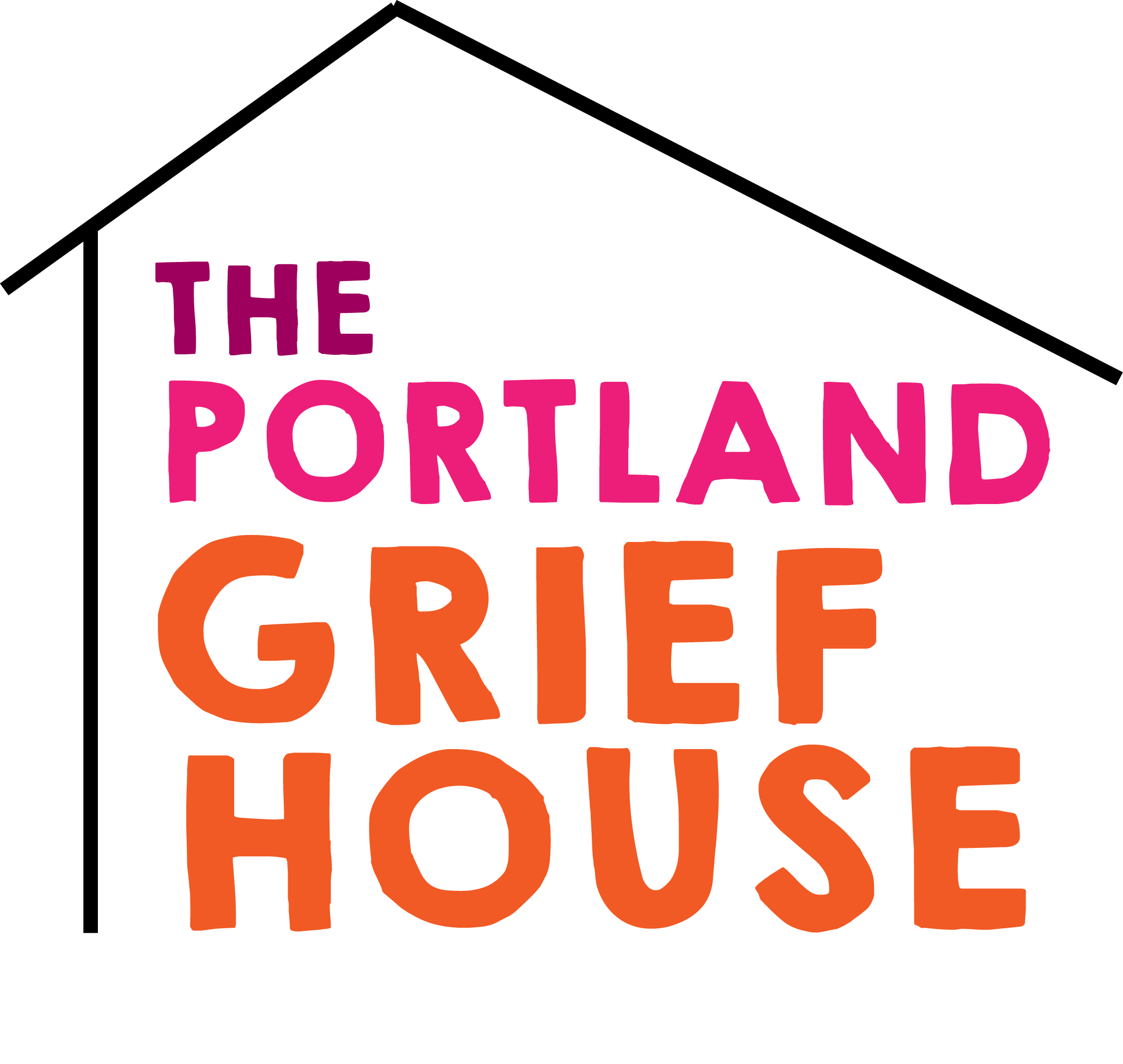 Portland grief house logo. Text inside of a simple drawing of a house.