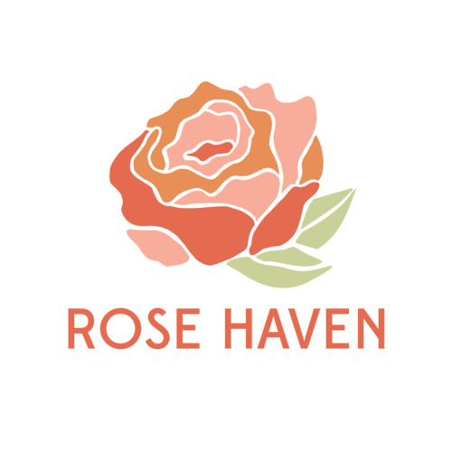 Rose haven logo. Flat illustration of a rose with the text "Rose Haven" below.