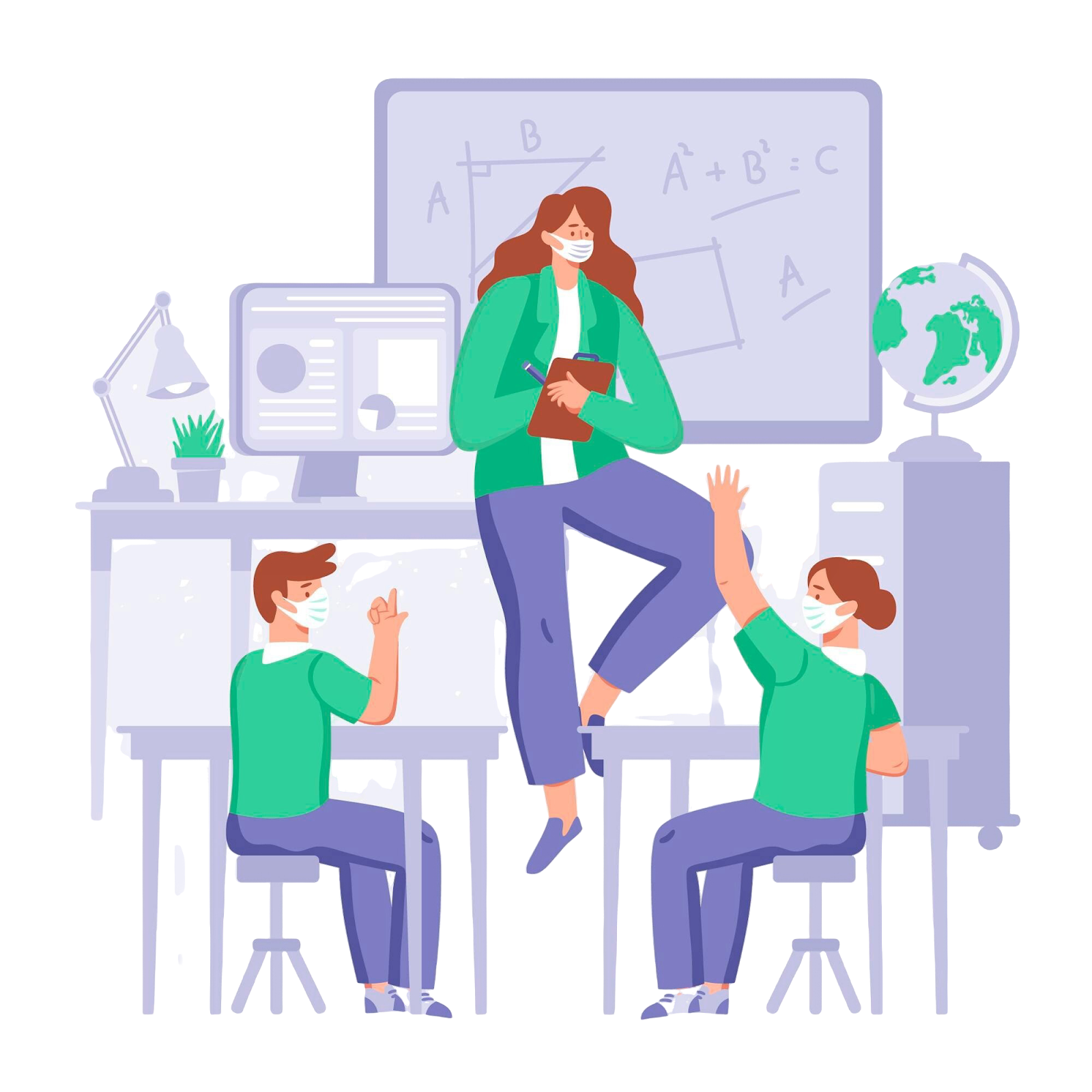An illustration showing a teacher interacting with students in a classroom setting. The characters are wearing masks, reflecting a safety measure. The classroom is depicted with educational tools such as a whiteboard, a globe, and a computer screen displaying graphs. The scene emphasizes engagement, learning, and safety.