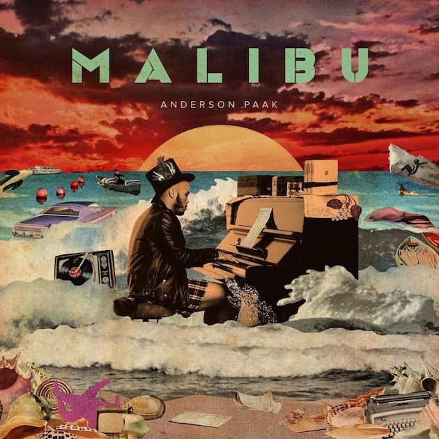 Anderson.Paak: Malibu Album art depicts a person with light-medium skin tone wearing a top hat and leather jacket playing piano collaged in the middle of an ocean wave and sunset, and many other items on the beach and in the water.
