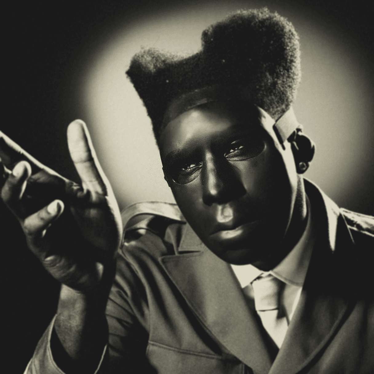 Album art depicts a black and white image of a man with medium-dark skin tone dressed in a suit and tie with a mask covering his face. 