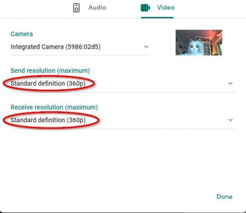 Meet video settings with focus on Send and Receive resolution selections