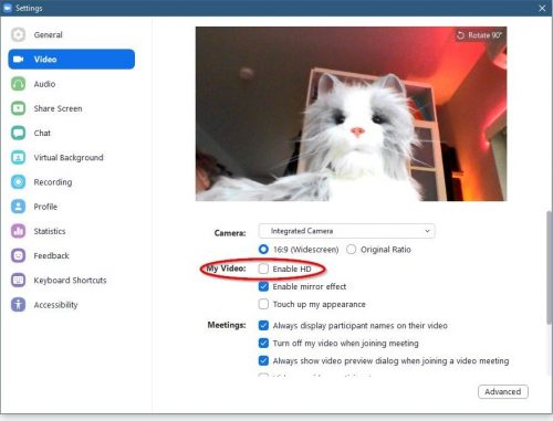 Zoom video settings with focus on checkbox unchecked for enabling HD video