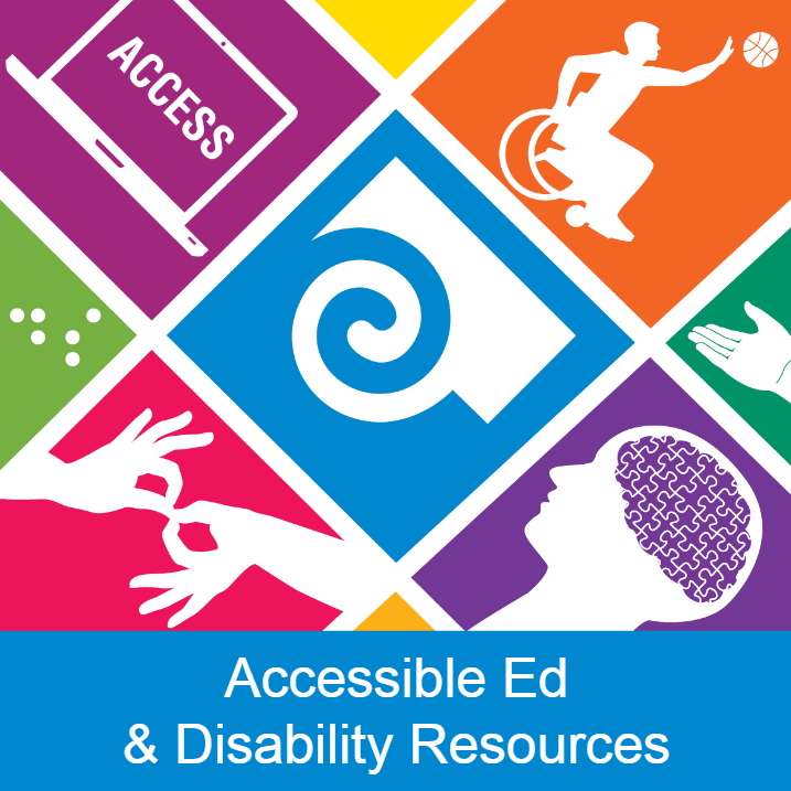 colorful collage with ASL symbol, person playing adaptive sports and computer screen with the word access