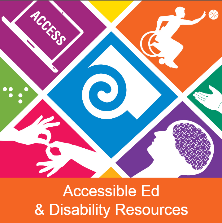 colorful collage with ASL symbol, person playing adaptive sports and computer screen with the word access