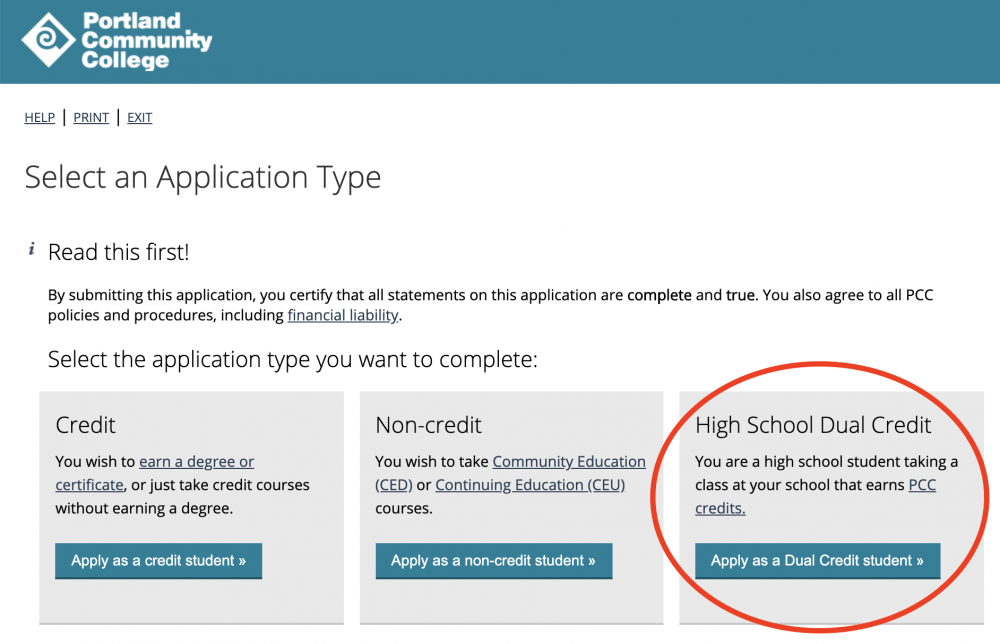Screenshot of the "choose application type" screen with Dual Credit circled