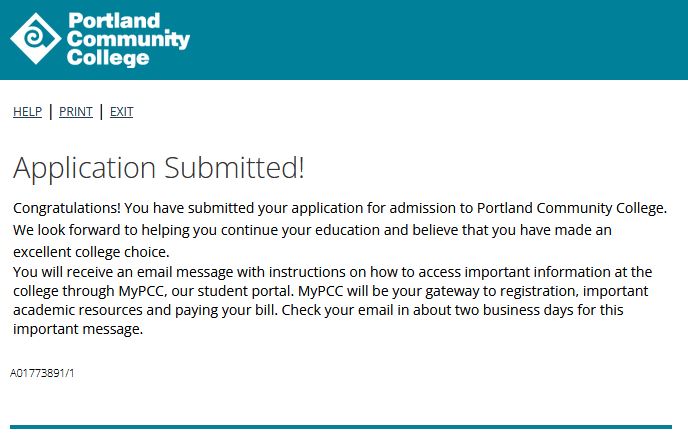 Application confirmation page