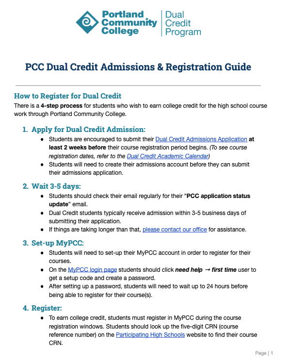 Screenshot of the admissions and registration guide