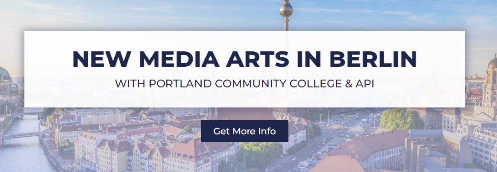 skyline view of Berlin Germany with text: New Media Arts in Berlin, get more info