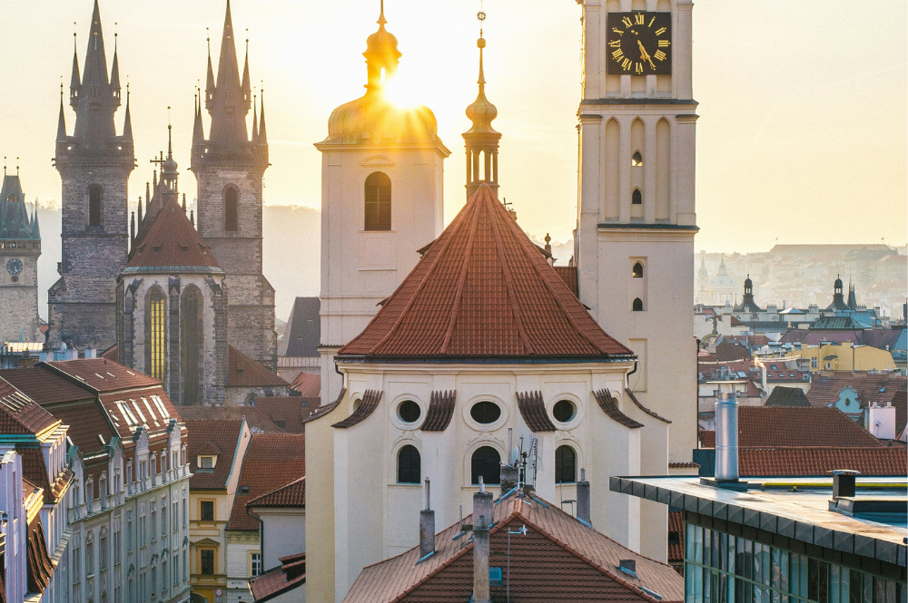 sunset view of European buildings