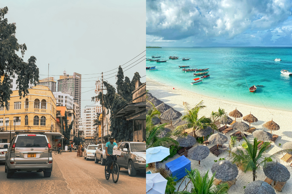split view of a person riding a bike down an urban street, and a beach resort with boats floating in the ocean