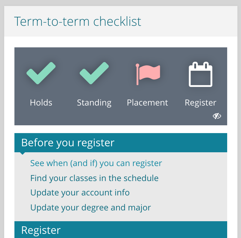 the Term-to-term checklist shows the status for holds, standing, placement, and registration date