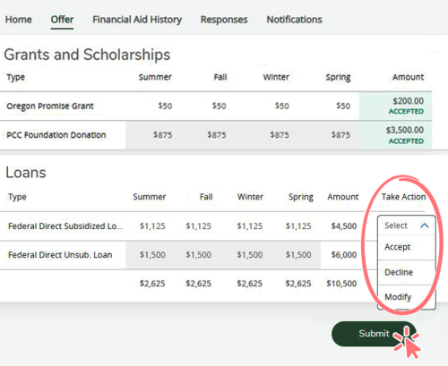 screenshot of award offer tab with action dropdown circled and submit button highlighted