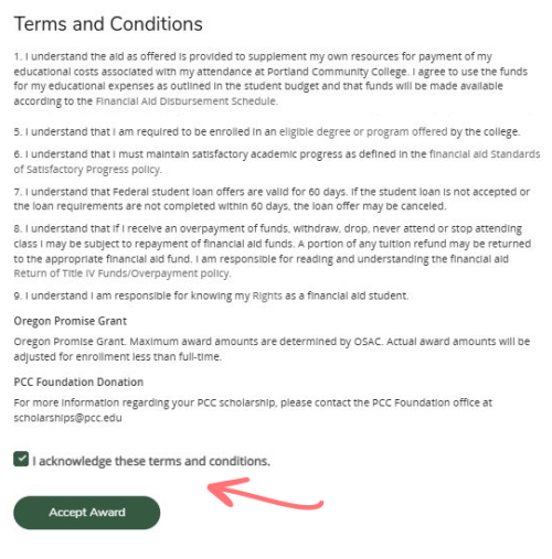 screenshot of terms and conditions with checkbox and accept award button highlighted