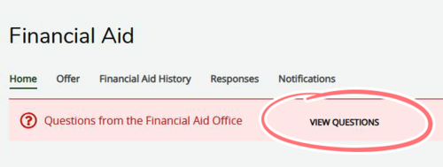 screenshot of award home tab with view questions link circled
