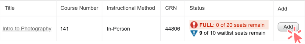 screenshot of class listing with the add button highlighted