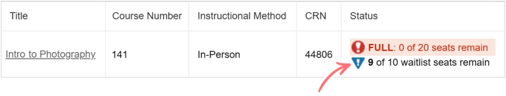 screenshot of class listing with the status column reading "Full: 0 of 20 seats remain, 9 of 10 waitlist seats remain."