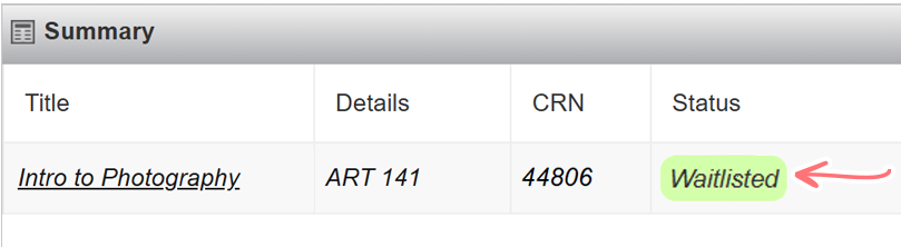 screenshot of summary section with the status column reading Waitlisted