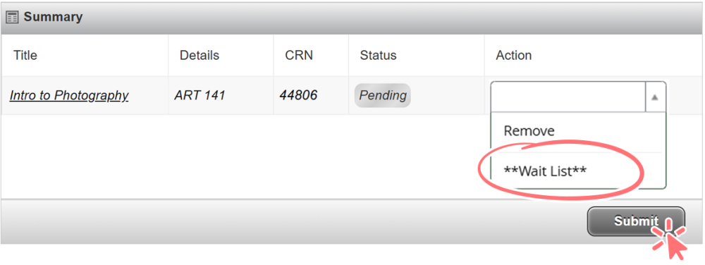 screenshot showing the action dropdown, the waitlist option is circled