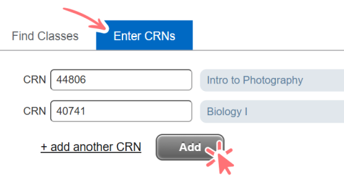 screenshot of registration screen with CRN tab selected, CRNs entered, and add button highlighted