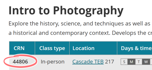 class schedule page for intro to photography with CRN circled
