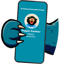 Cartoon paw holding phone with a digital ID card of school mascot, Poppie Panther