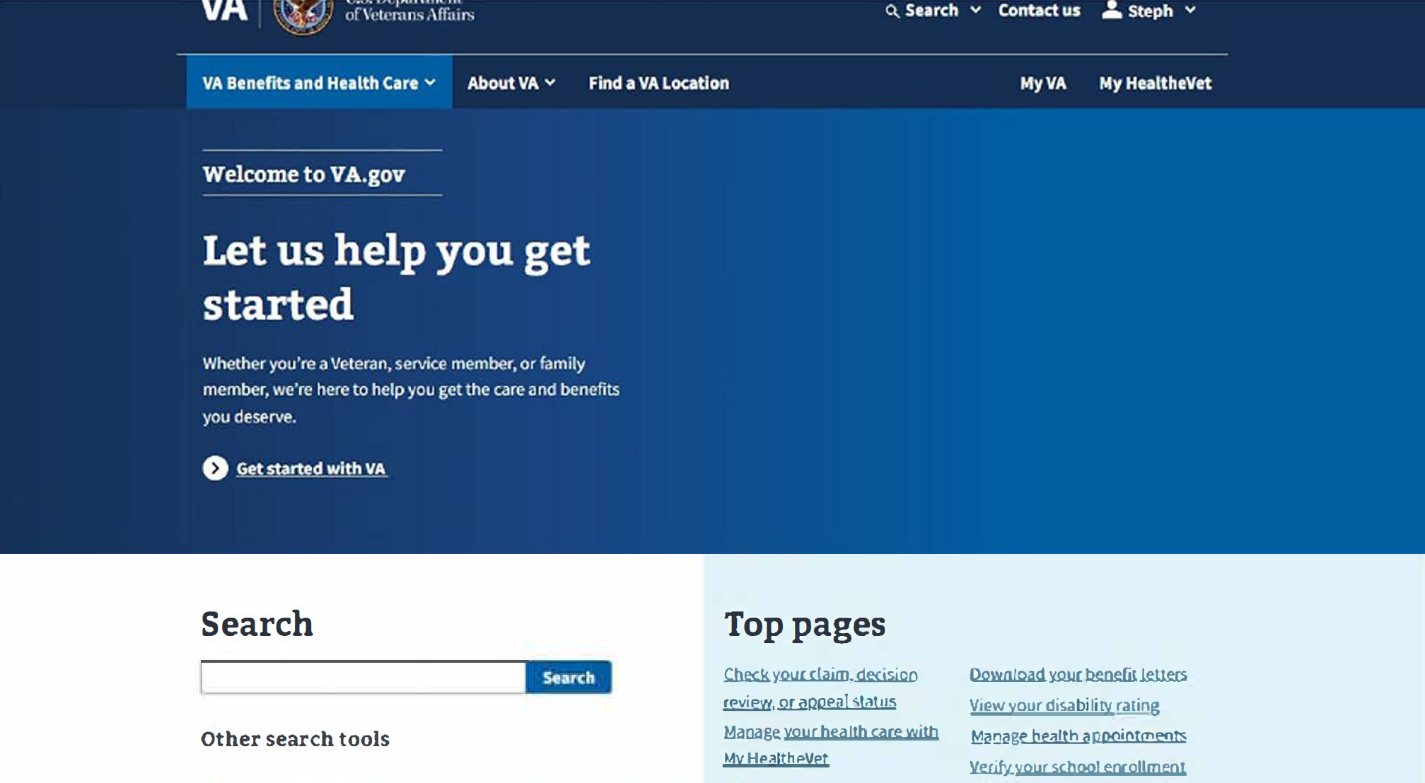screenshot of VA.gov homepage