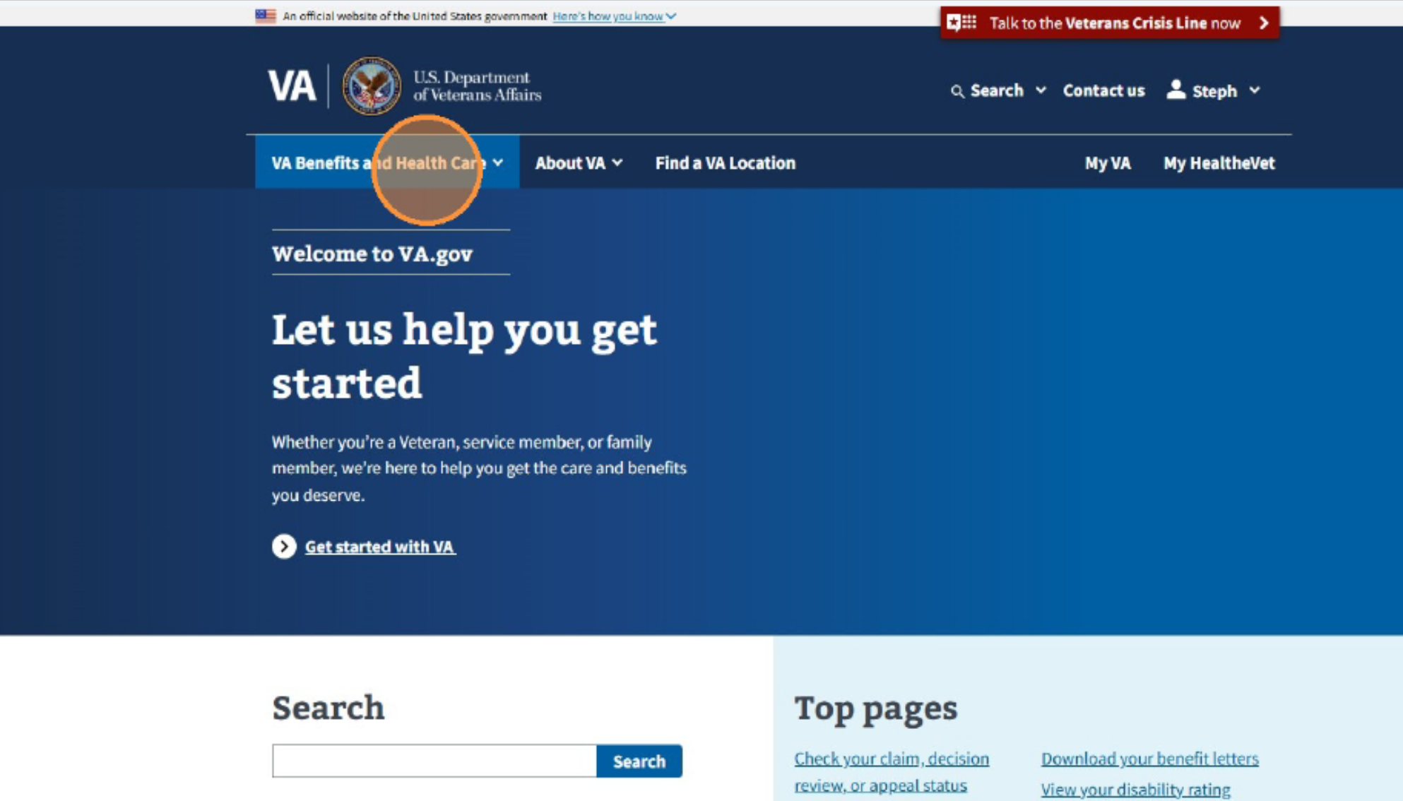 screenshot of VA homepage with VA Benefits and Health Care menu item circled