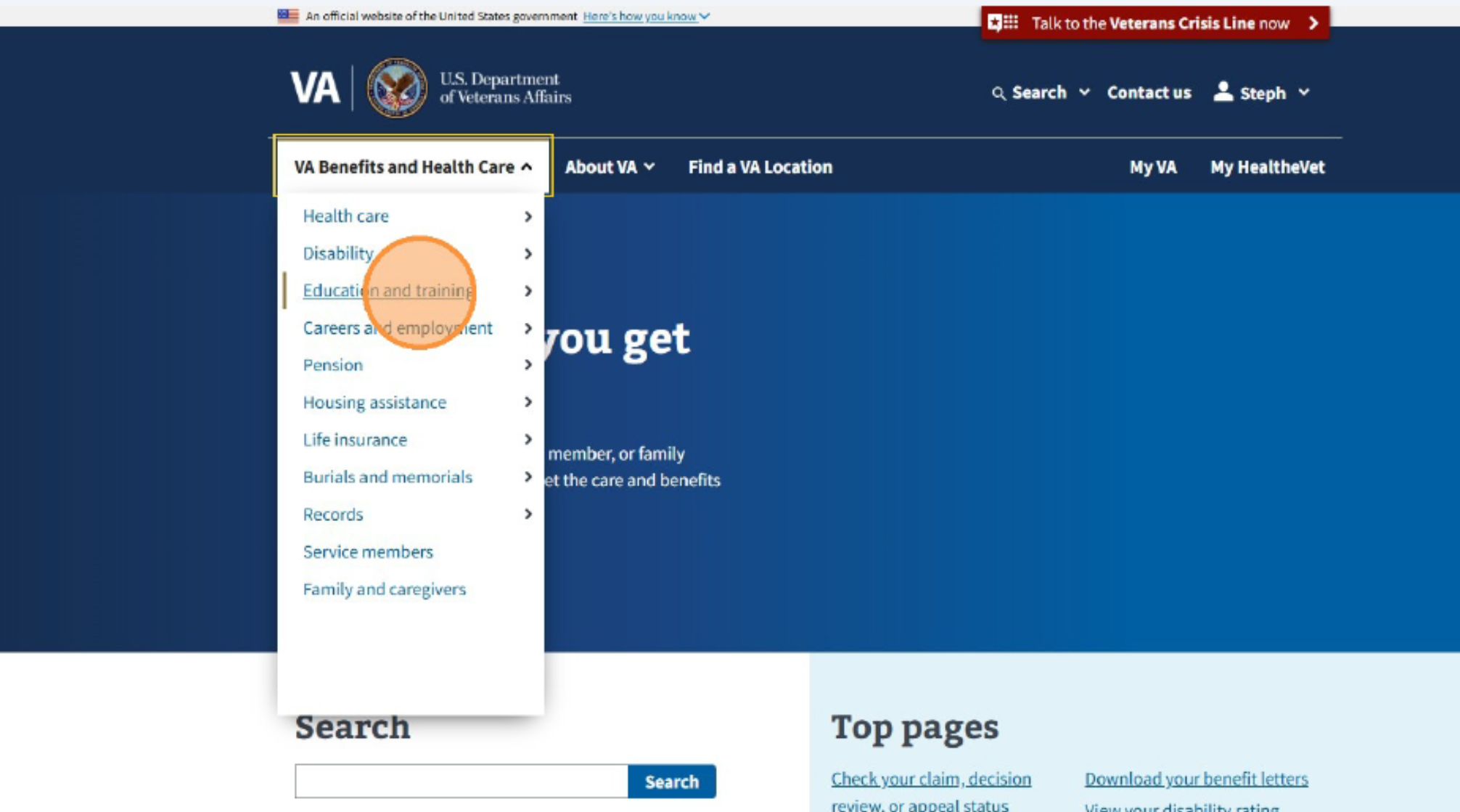 screenshot of VA homepage with VA Benefits and Health Care menu item open and Education and training menu circled