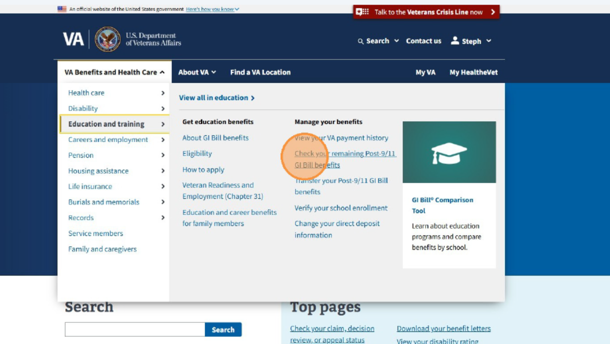 screenshot of VA homepage with VA Benefits and Health Care menu item open, Education and training menu item open, and Check your remaining post-9/11 GI Bill Benefits link circled