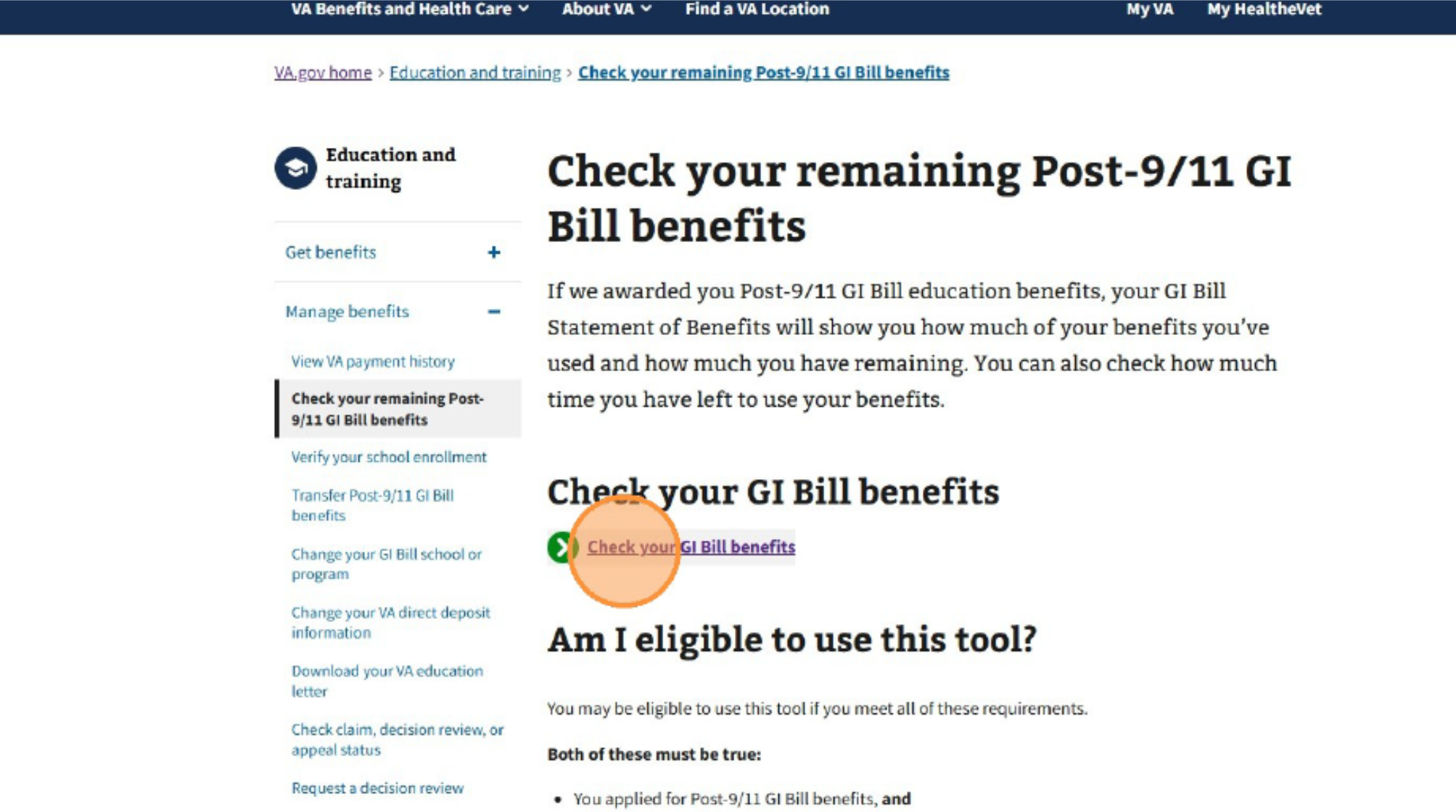 Screenshot of VA website Check your remaining Post-9/11 GI Bill benefits page with Check your GI Bill benefits link circled