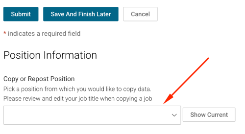 job board screenshot with an arrow pointing at a drop down menu titled copy or repost position