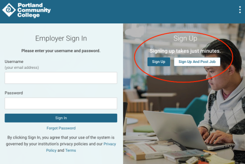 screenshot of a login page with the sign up button circled