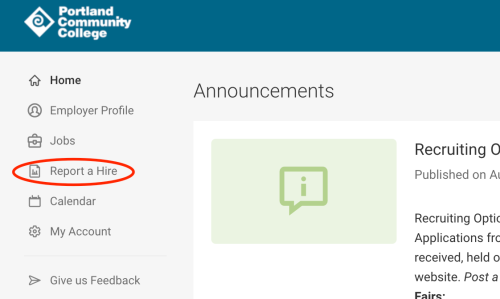 screenshot of job board with report a hire link circled