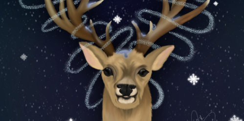 Winter 2023 cover image: deer in the dark with snowflakes
