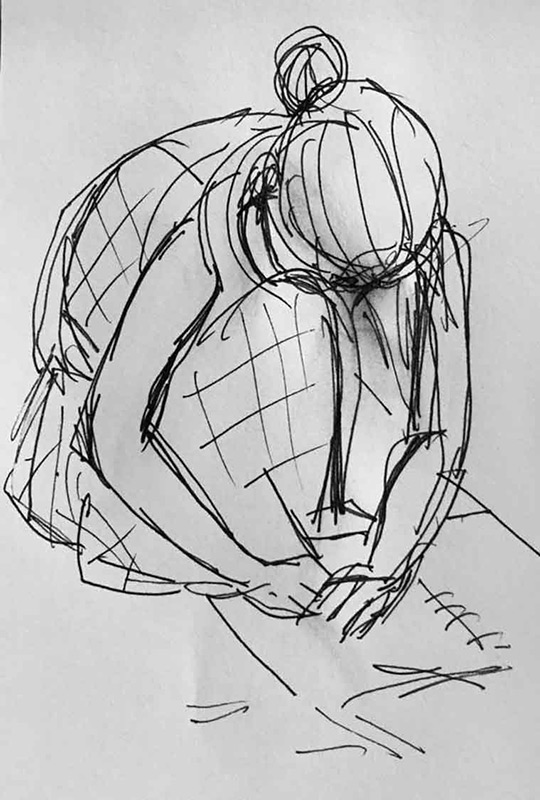 black and white sketch of a woman sketching