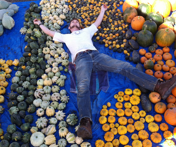 Man laying on ground among pumpkins on display