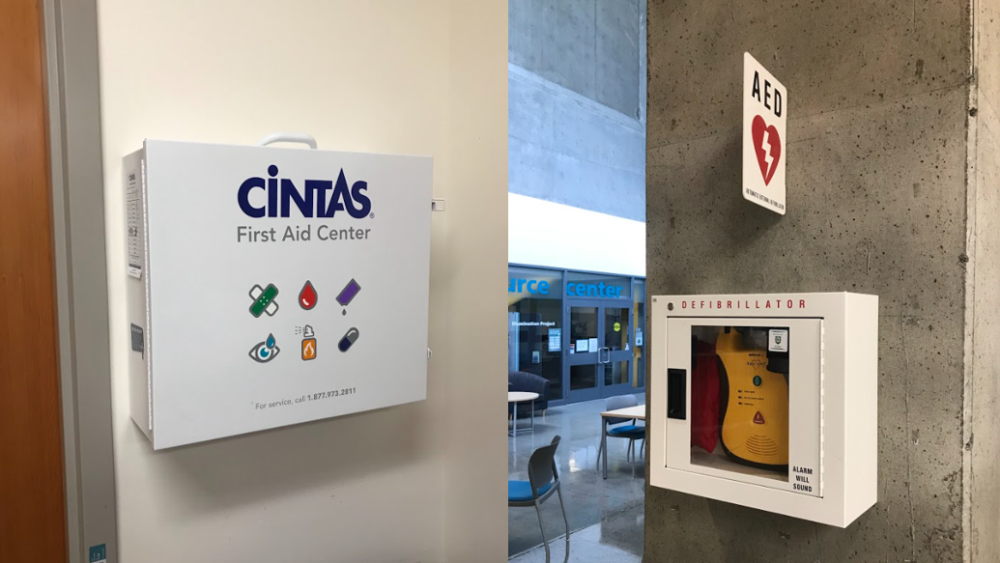 Wall mounted First Aid Kit and an AED