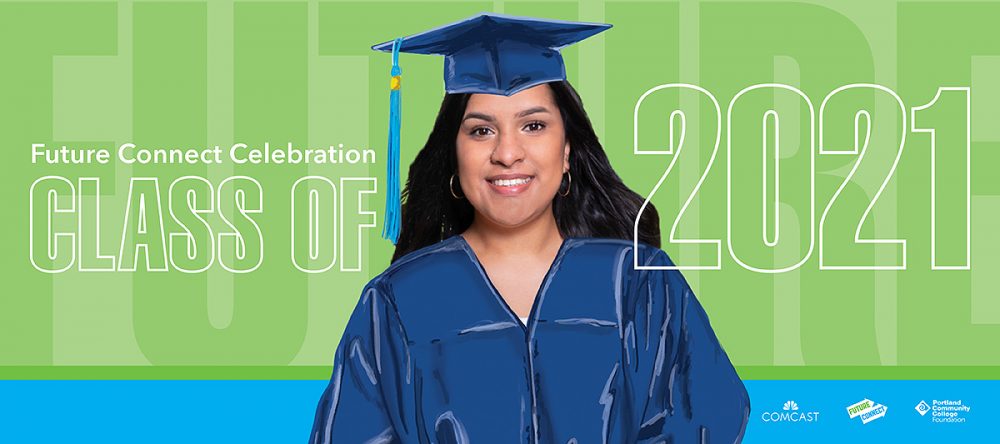 Future Connect Celebration for the Class of 2021 with a photo of a graduate in illustrated cap and gown
