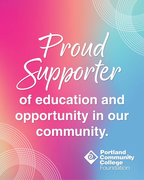 Graphic with colorful background and text that says Proud Supporter of education and opportunity in our community.