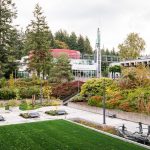 The exterior of the Performing Arts Center on the PCC Sylvania Campus, overlooking a grassy lawn and outdoor art sculptures.