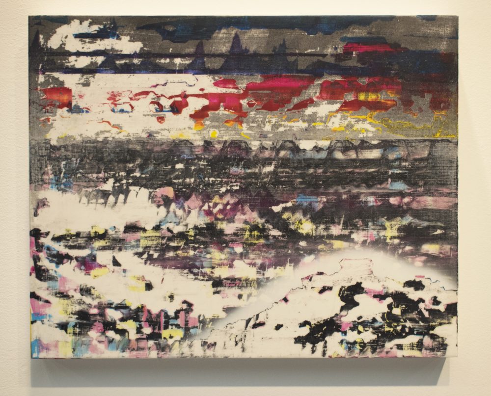 Abstract landscape painting with horizontal marks of blue, violet, red, pick and yellow on a background of white and grey.