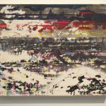 Abstract landscape painting with horizontal marks of blue, violet, red, pick and yellow on a background of white and grey.